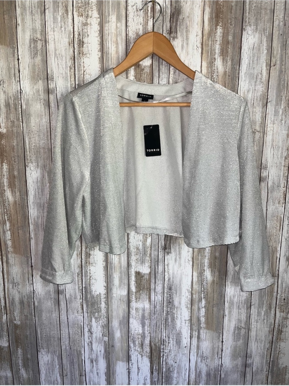 NWT Torrid Metallic Silver Sparkle Open Front Shrug Cardigan Size 0 12 - Picture 2 of 5